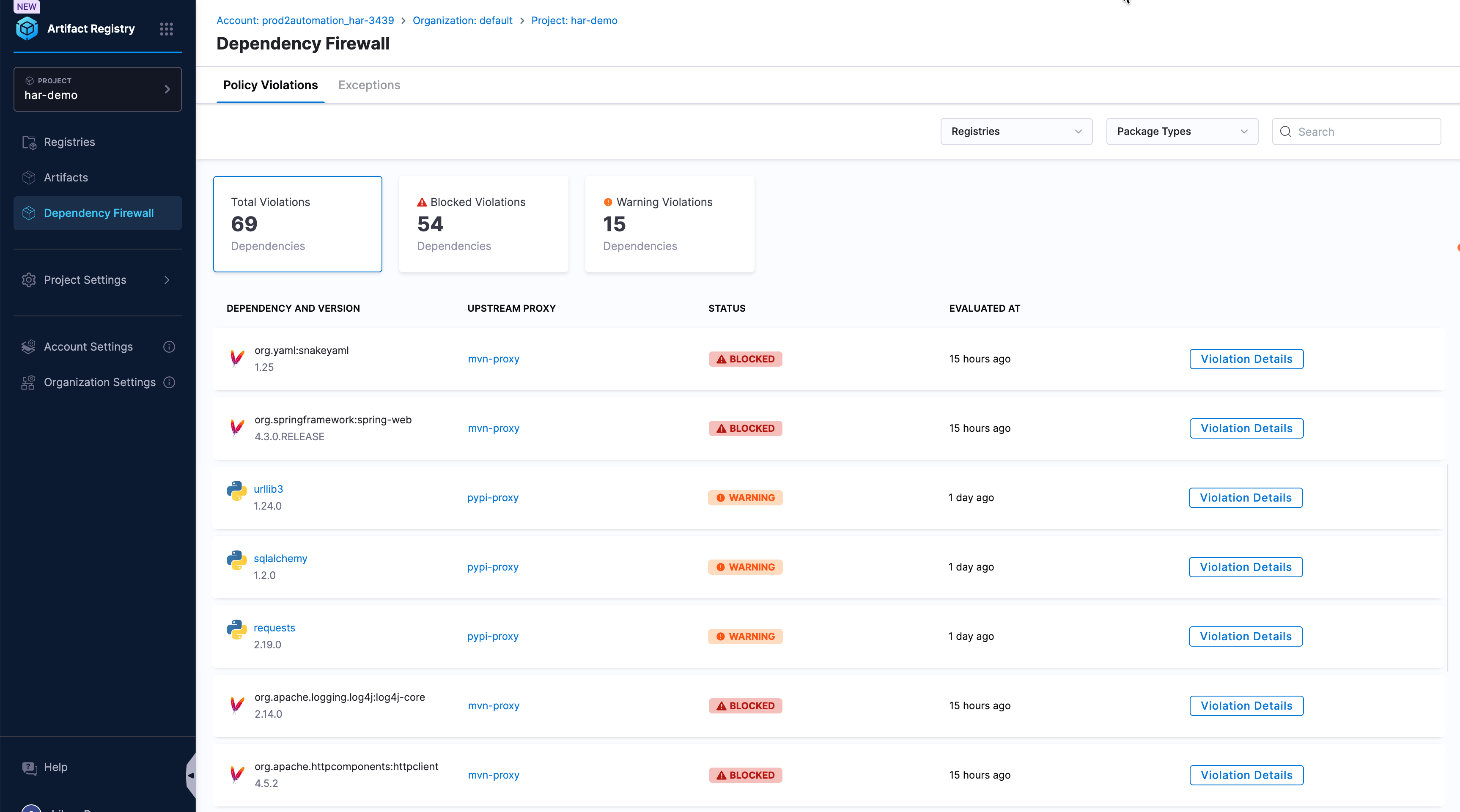 Dependency Firewall tab: dashboard summaries and evaluated package list