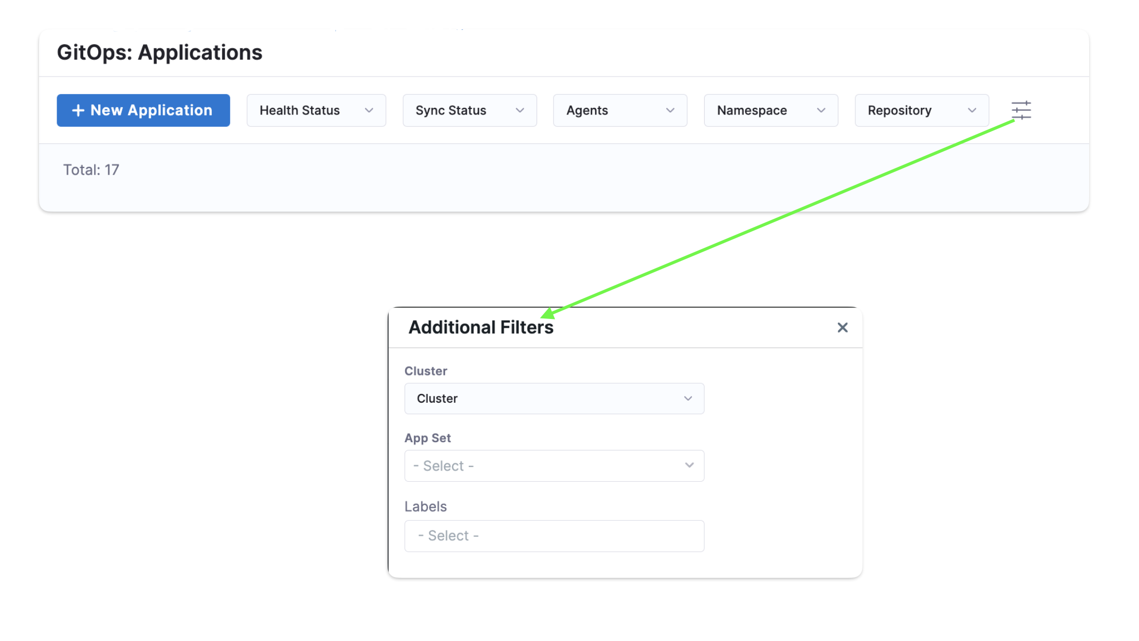 Screenshot showing the GitOps Application filters interface with options for Health Status, Sync Status, Agents, Namespace, Repository, and Additional Filters