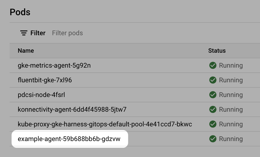 Screenshot showing the GitOps Agent workload running in the Kubernetes cluster
