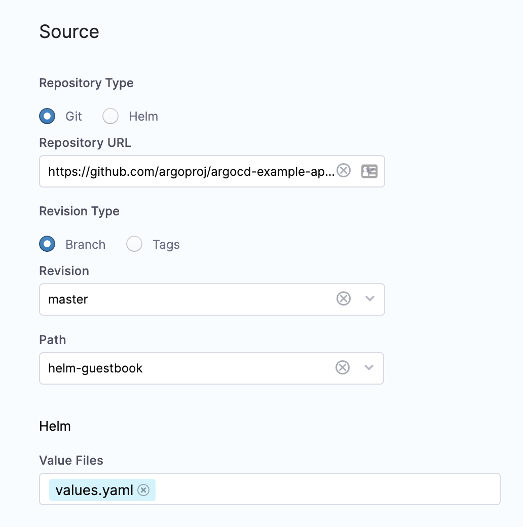 Screenshot showing the completed GitOps Application Source configuration with repository URL, branch, path, and Helm values file