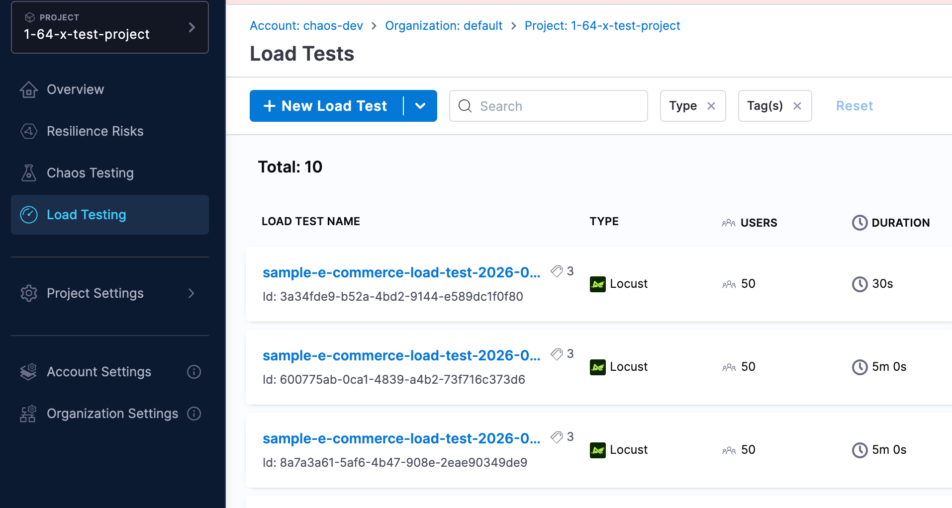Load Tests list