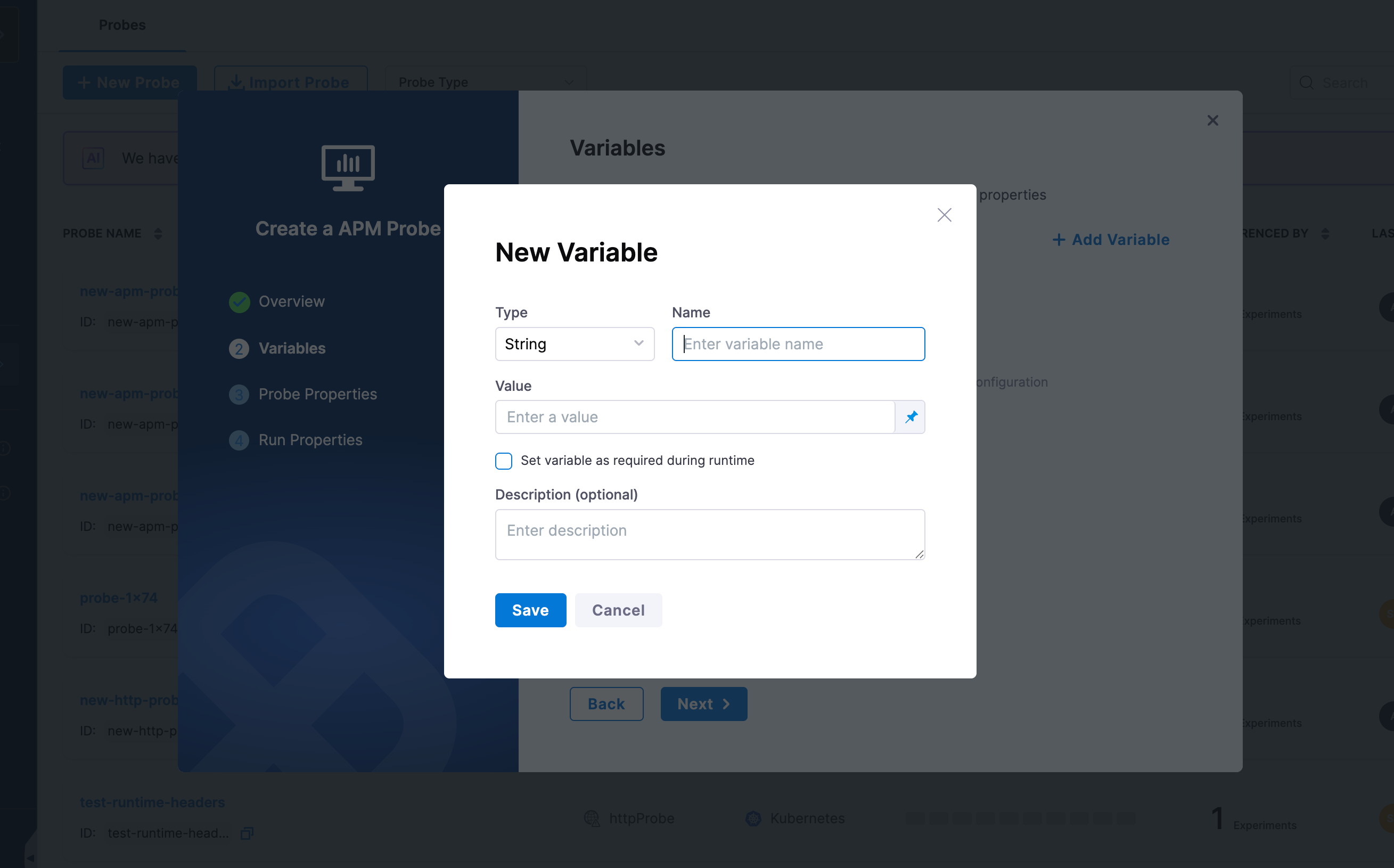 Probe variables step in creation wizard
