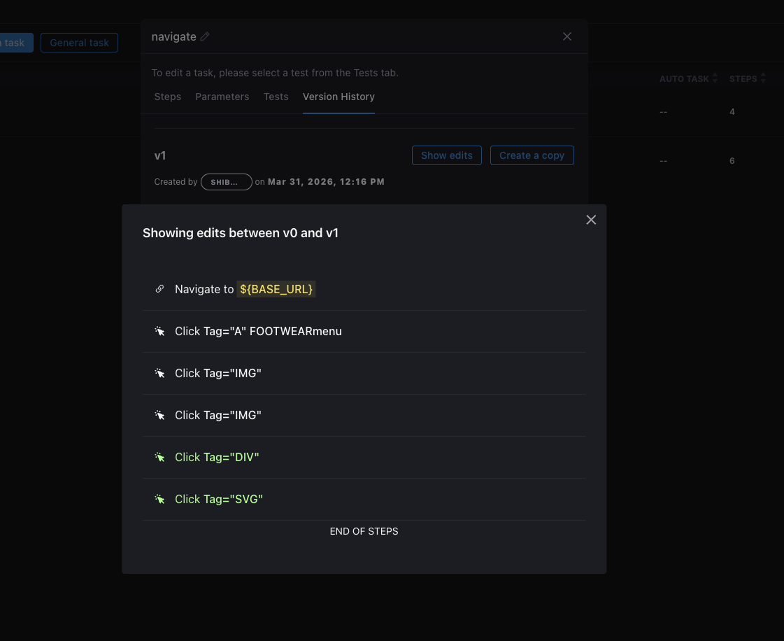 Task version history with a modal showing edits between two task versions