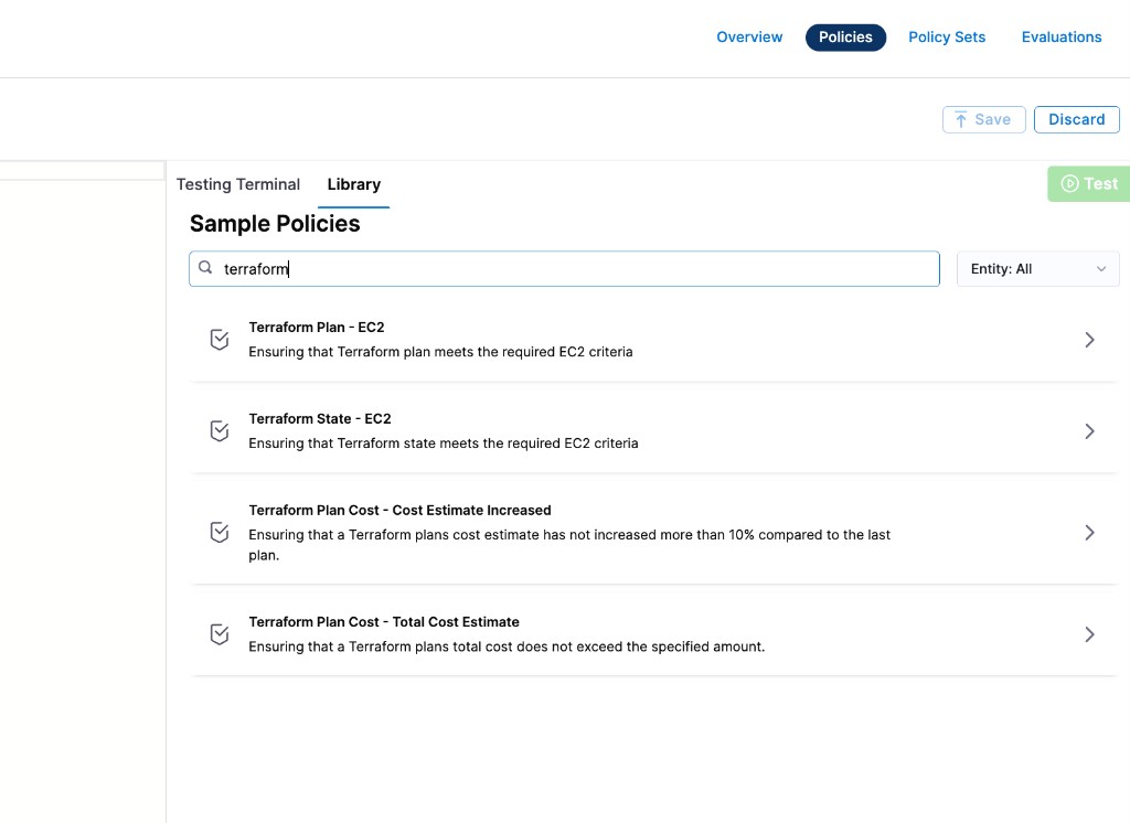 Terraform sample policies in the Library panel