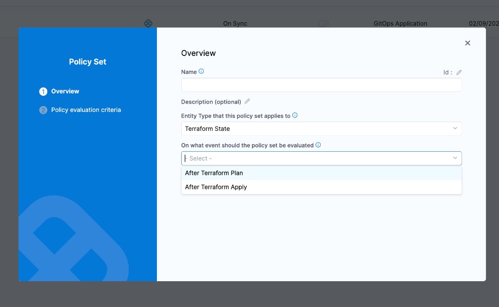 Terraform State policy set — entity type and events
